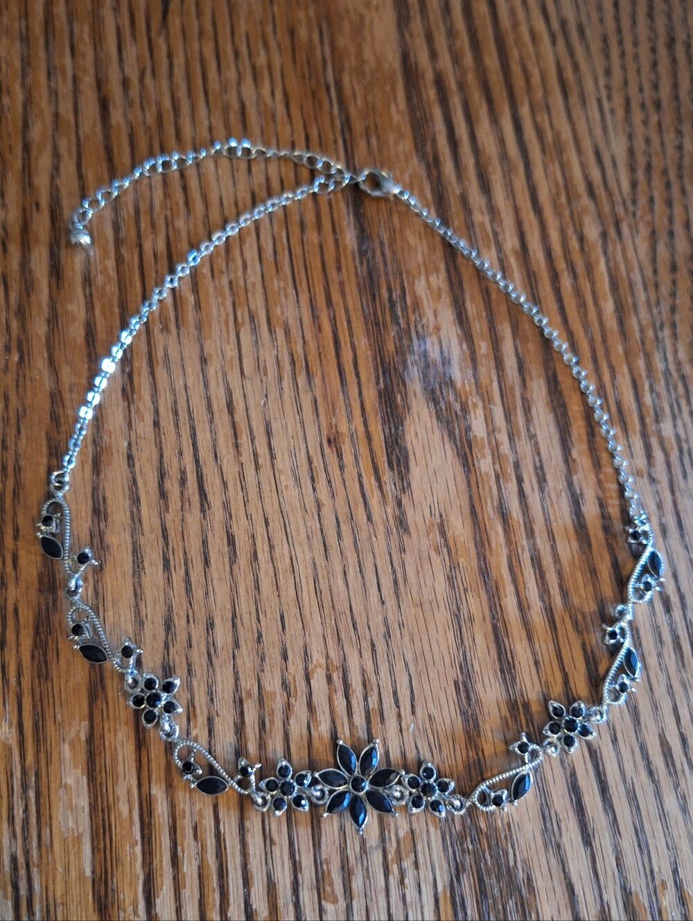 Silver-Tone Black Floral Accent Necklace